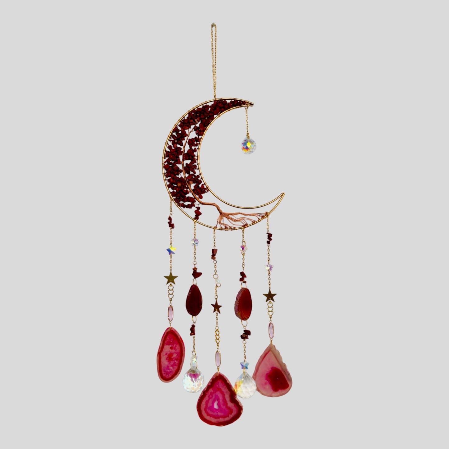 Wall Hanging Crescent Moon Dream Catcher with Red Stones & Hanging Crystal with Red Sliced Agate