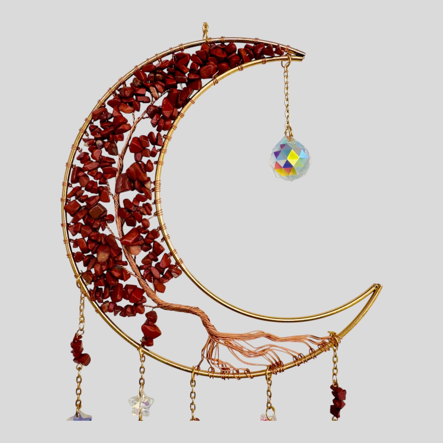 Wall Hanging Crescent Moon Dream Catcher with Red Stones & Hanging Crystal with Red Sliced Agate