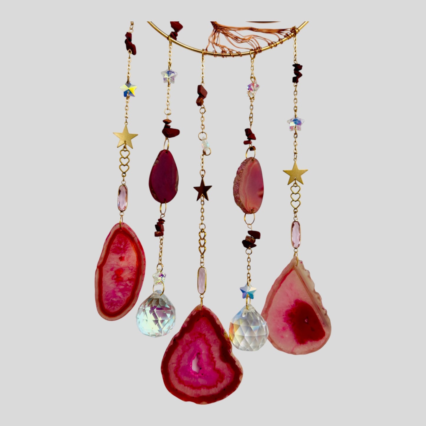 Wall Hanging Crescent Moon Dream Catcher with Red Stones & Hanging Crystal with Red Sliced Agate