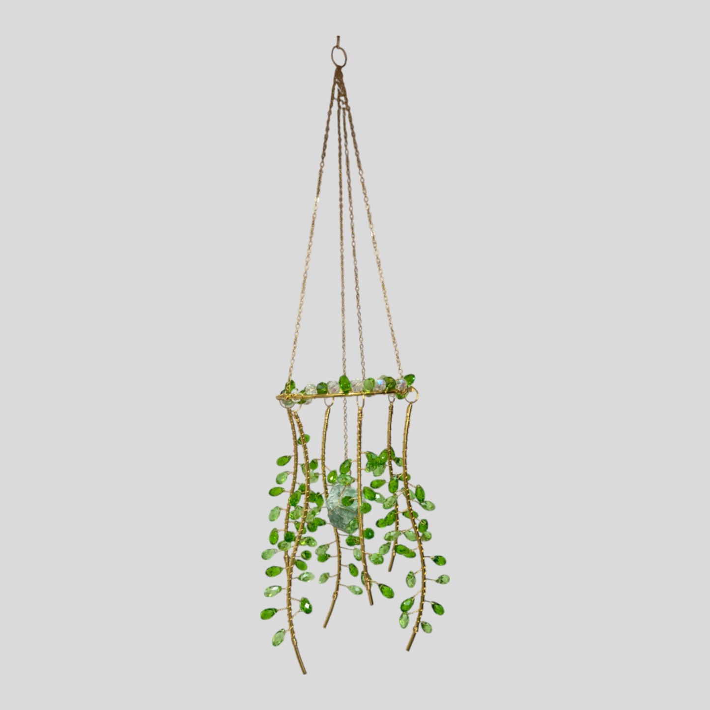 Hanging Gold Metal Suncatcher with Green and Clear Prismatic Beads & Natural Stone