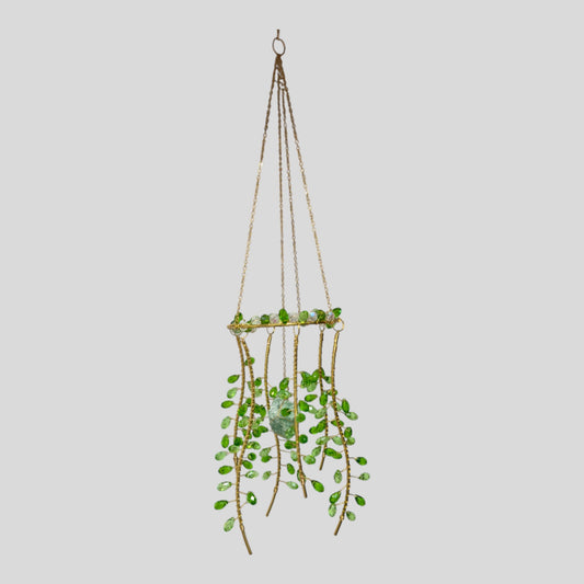 Hanging Gold Metal Suncatcher with Green and Clear Prismatic Beads & Natural Stone