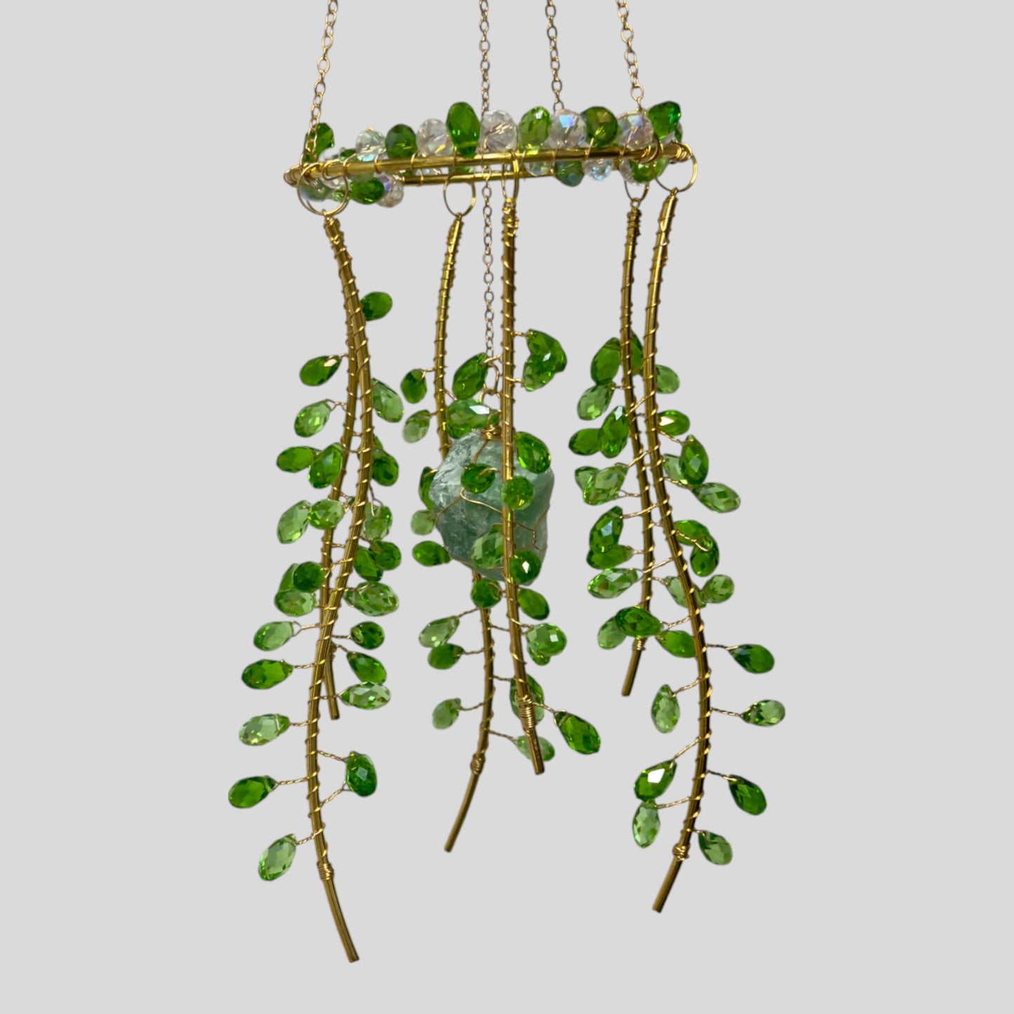 Hanging Gold Metal Suncatcher with Green and Clear Prismatic Beads & Natural Stone