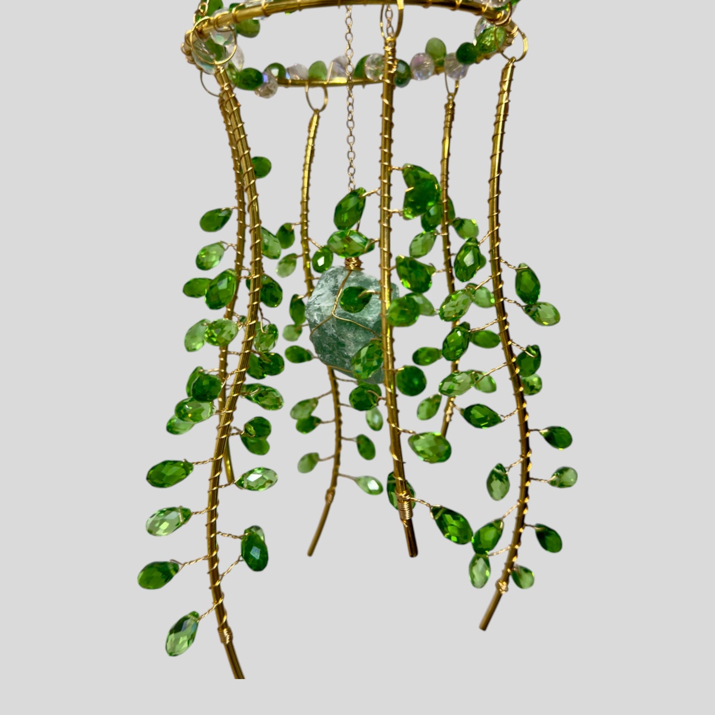 Hanging Gold Metal Suncatcher with Green and Clear Prismatic Beads & Natural Stone