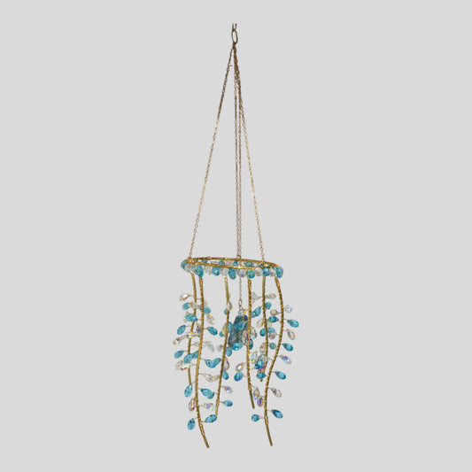 Hanging Gold Metal Suncatcher with Blue and Clear Prismatic Beads & Natural Stone