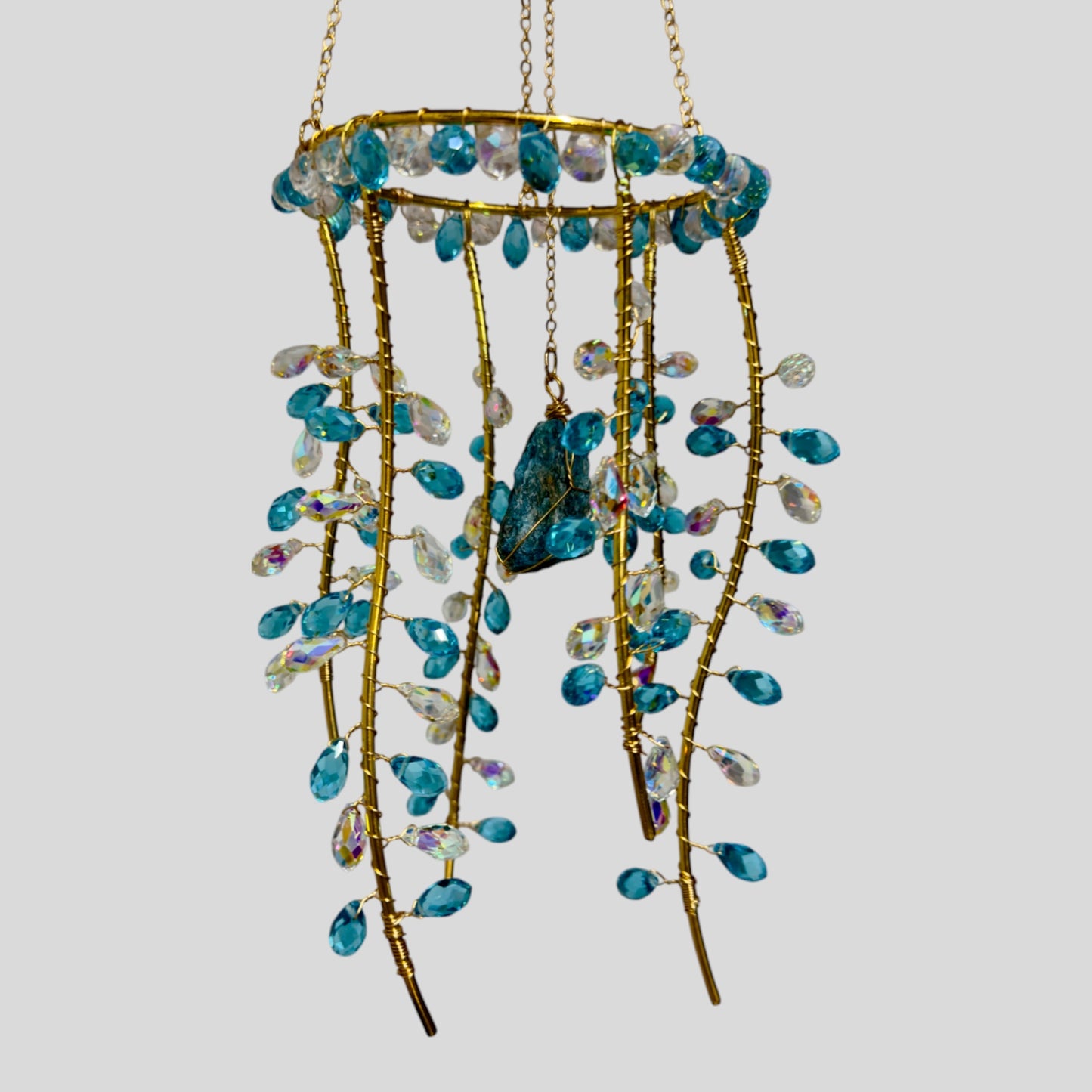 Hanging Gold Metal Suncatcher with Blue and Clear Prismatic Beads & Natural Stone