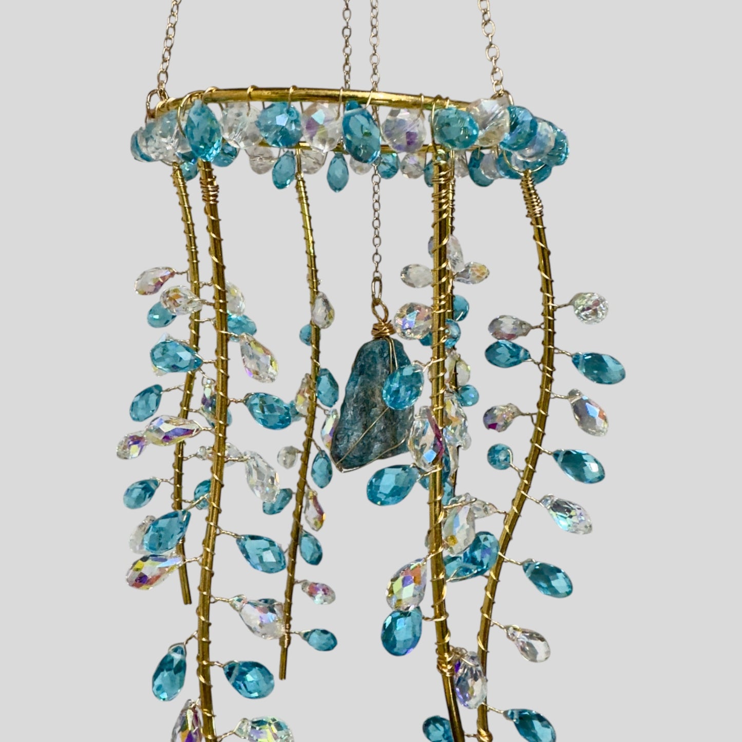 Hanging Gold Metal Suncatcher with Blue and Clear Prismatic Beads & Natural Stone