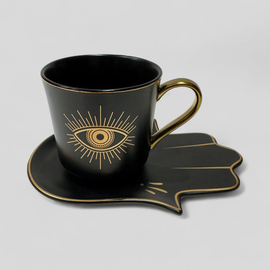 Luxury Evil Eye Cup for Coffee & Tea with Hamsa Hand Saucer Set - Multiple Colors