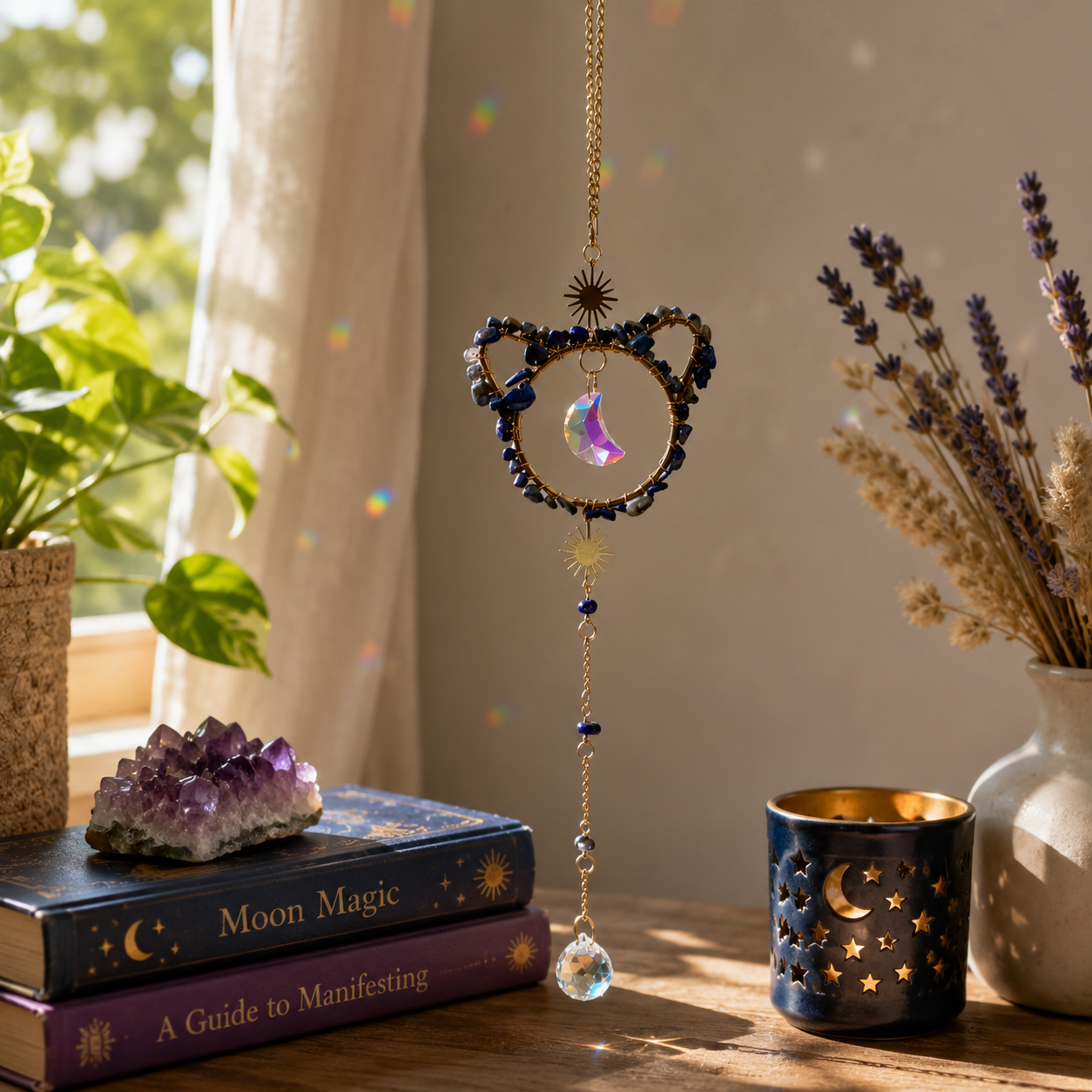Lapis Lazuli Cat & Crystal Moon Suncatcher