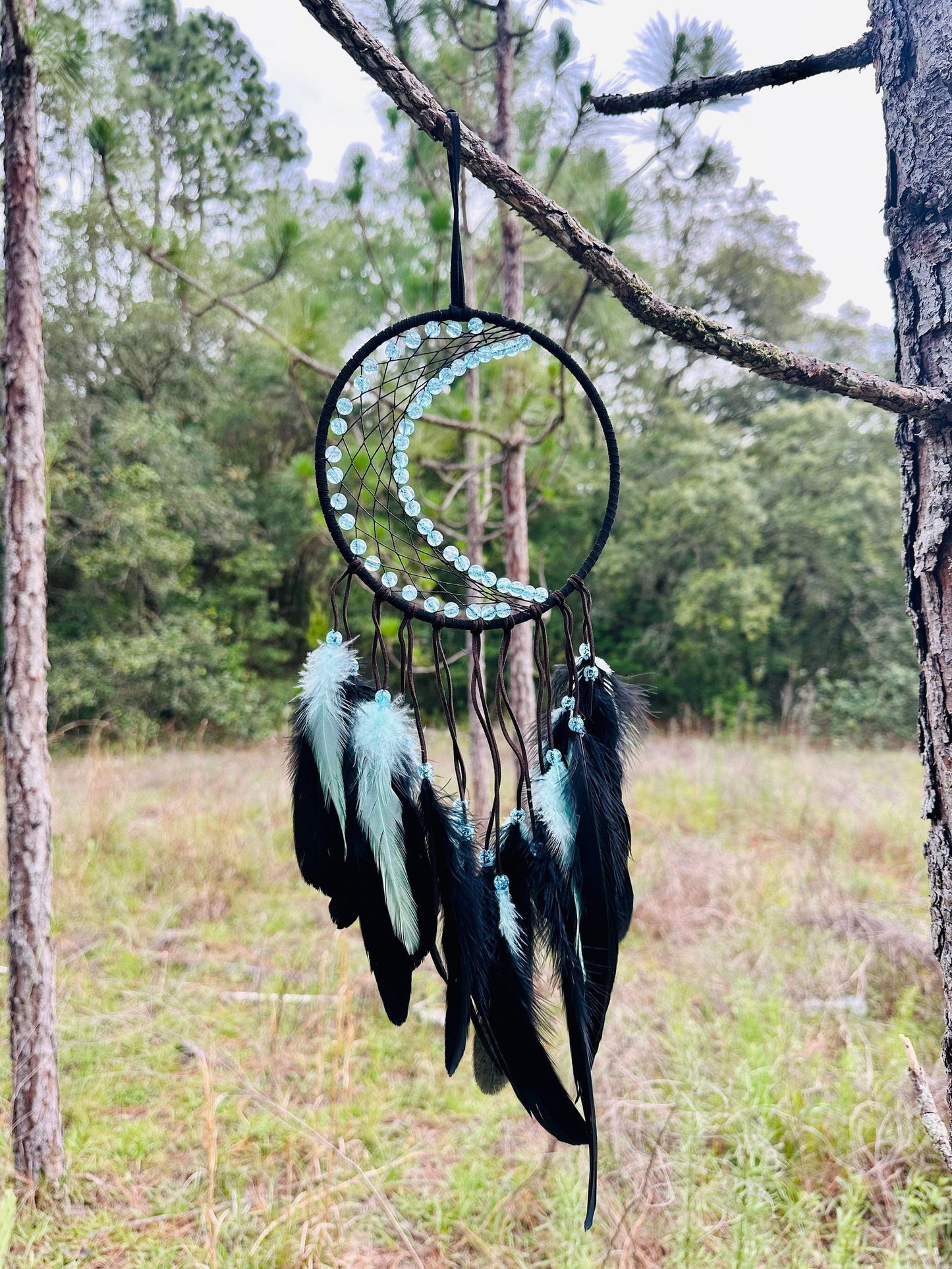 Medium dream catcher wall hanging with crescent moon hoop and black & light blue feathers