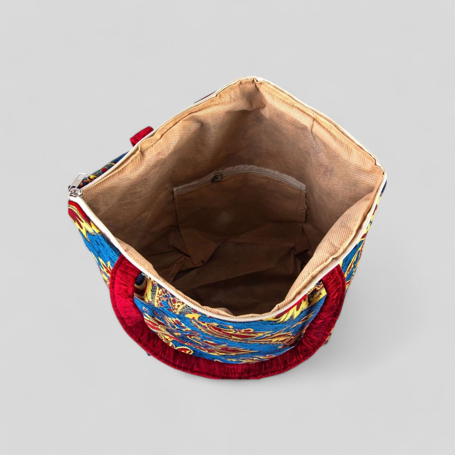 Authentique Kilim Fabric Ottoman Design Purse avec poignées, tapis turc, sac de plage, fourre-tout, sac à provisions réutilisable -- Bleu/Rouge/Jaune