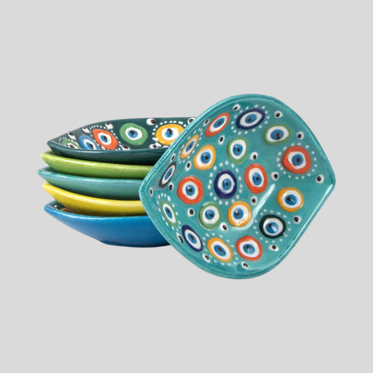 6 Pack Turkish Handmade Ceramic Bowls Authentic Decorative Pottery - Evil Eye Tear Drop / Leaf Shape Small