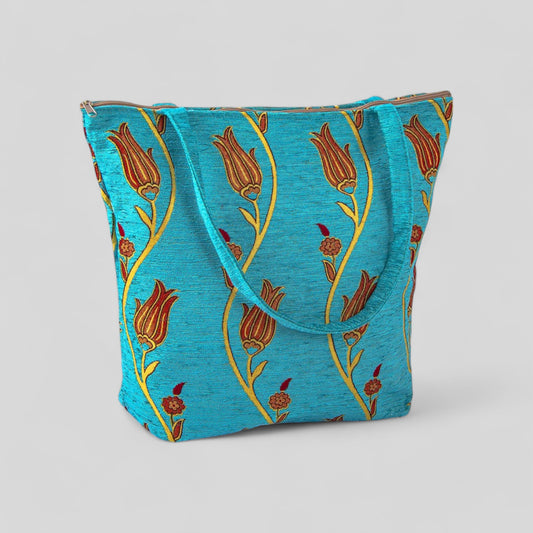 Authentique Kilim Fabric Ottoman Tulips Design Purse avec poignées, tapis turc, sac de plage, fourre-tout, sac à provisions réutilisable - Turquoise/Or