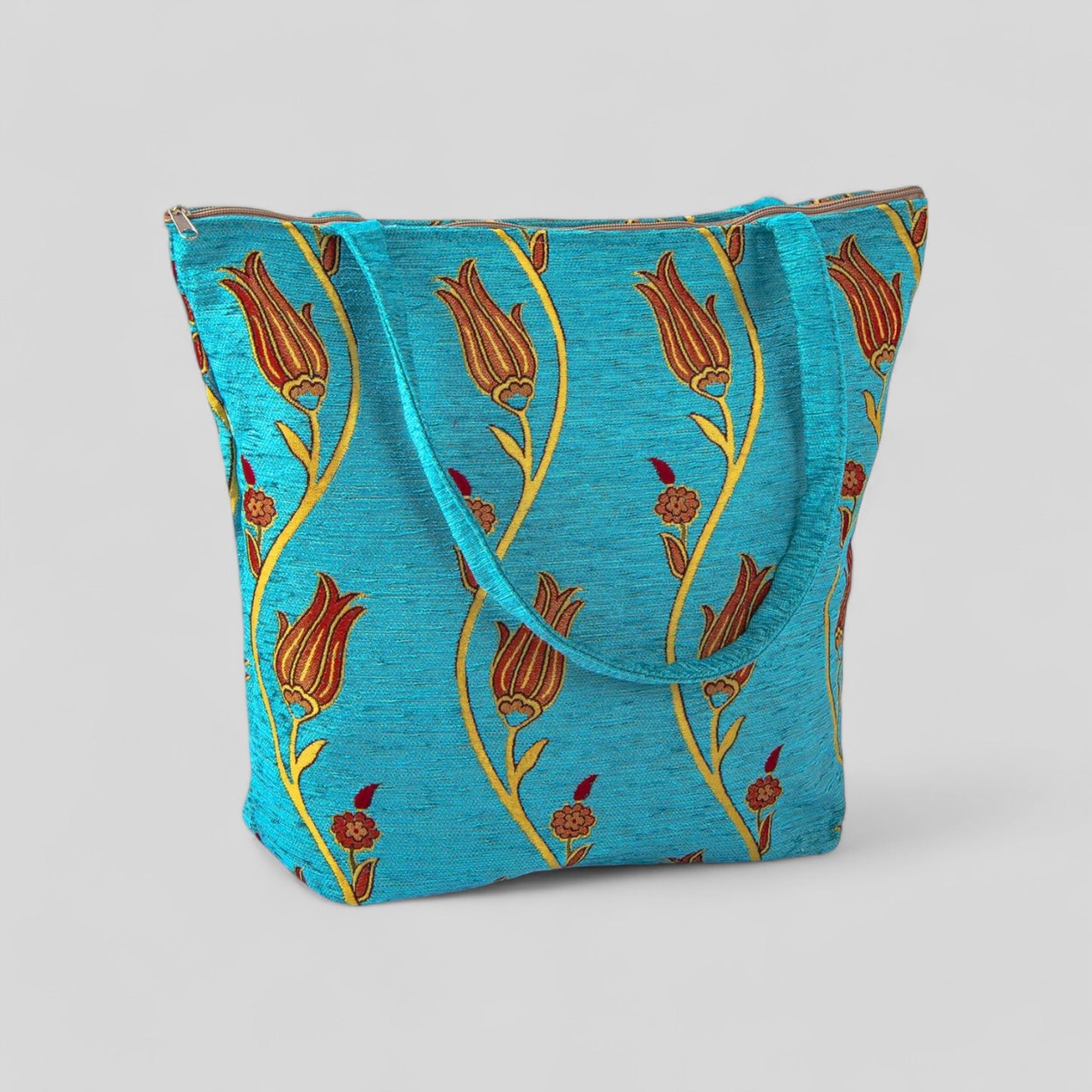 Authentique Kilim Fabric Ottoman Tulips Design Purse avec poignées, tapis turc, sac de plage, fourre-tout, sac à provisions réutilisable - Turquoise/Or