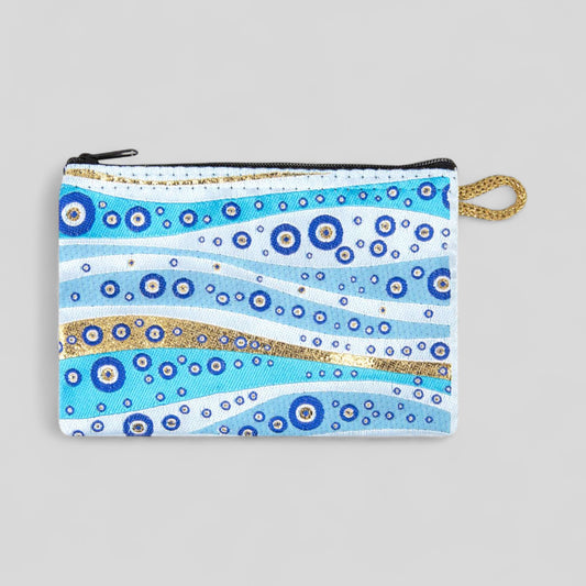 Portefeuille tissé à motifs Gold Evil Eye Design d’art moderne Sac à main d’embrayage à fermeture éclair, pochette, porte-monnaie, portefeuille, petit rangement Nazar Boncuk Mal de Ojo