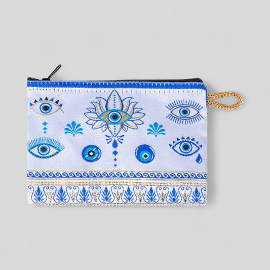 Portefeuille tissé à motifs Gold Evil Eye Design d’art moderne Sac à main d’embrayage à fermeture éclair, pochette, porte-monnaie, portefeuille, petit rangement Nazar Boncuk Mal de Ojo