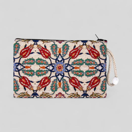Authentique Kilim Tissu Ottoman Tulipes Design Zipper Clutch Purse, Tapis turc, Pochette, Porte-monnaie, Portefeuille, Petit rangement -- Tulipes rouges