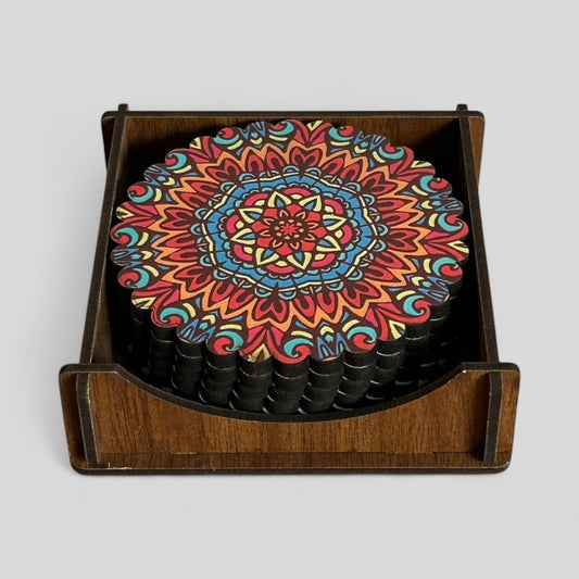 Lot de 6 dessous de verre turcs en bois avec support – Rouge, Orange, Bleu – Mandala aux tons chauds – Fabriqué en Turquie – Expédition rapide
