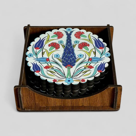 Lot de 6 dessous de verre turcs en bois avec support – Tulipes ottomanes bleues – Fabriqués en Turquie – Expédition rapide
