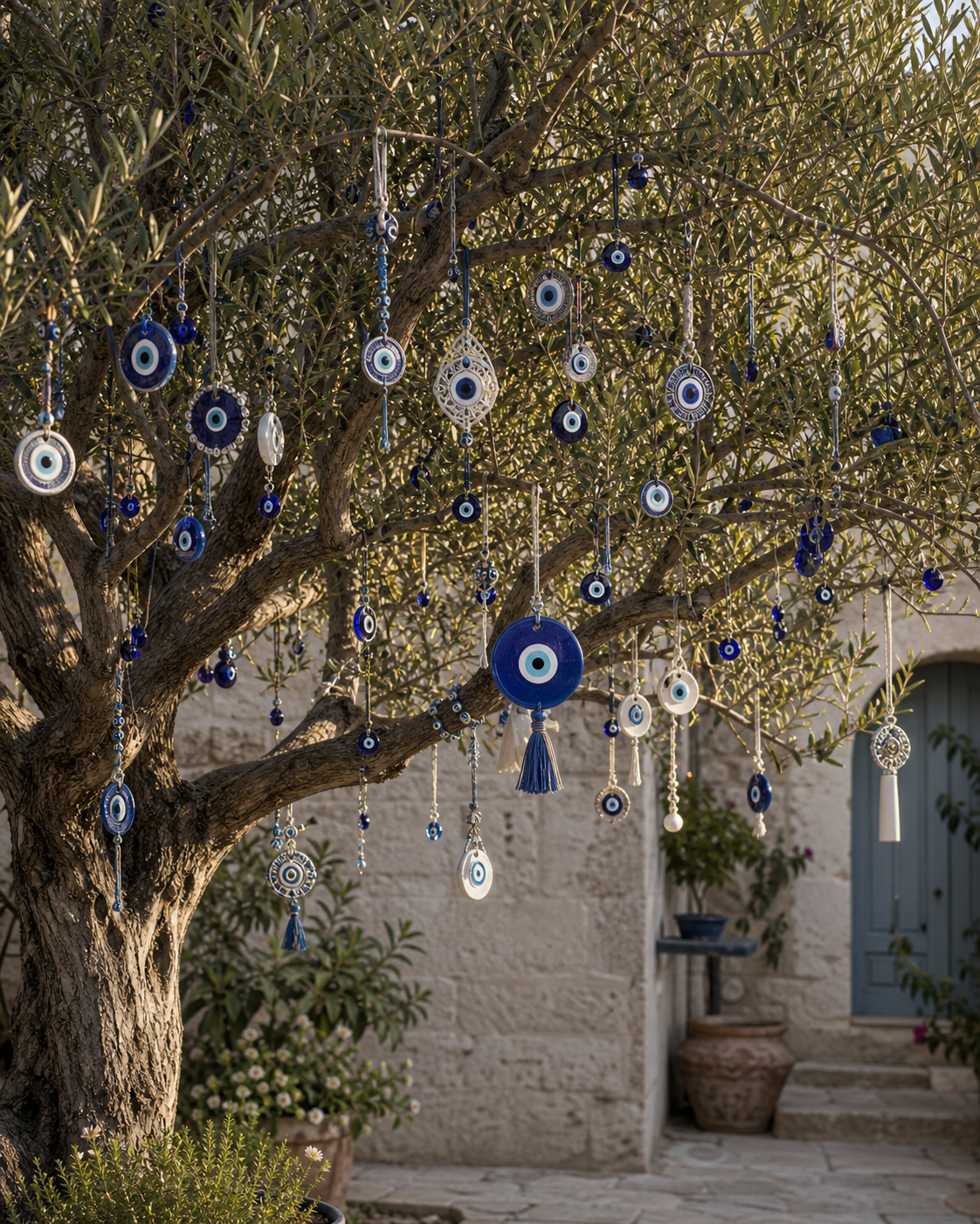 Evil eye ornaments displayed on a Mediterranean olive tree