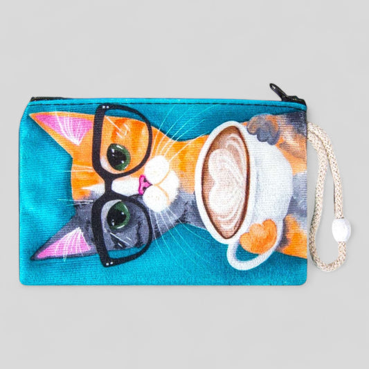 Fabric Colorful Modern Cat Art Design Zipper Clutch Purse, Turkish, Pouch, Coin Purse, Wallet, Small Storage, Cat Mom, Cat Drinking Latte