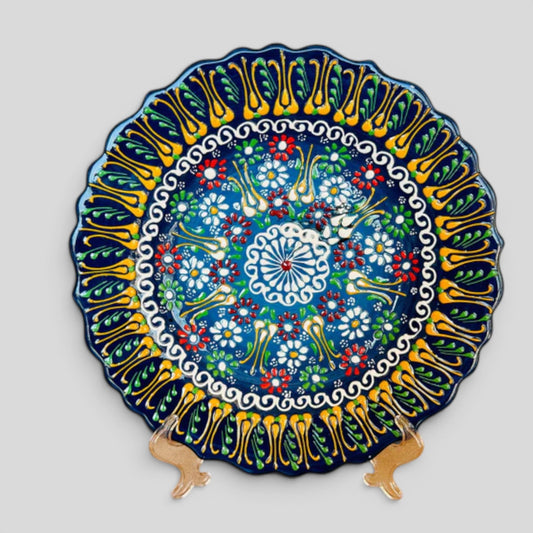 10” Türk Seramik El Yapımı ve Boyalı Tabak - Mavi, Yeşil, Sarı Noktalı Çiçek Lale Desenli - Duvara Asılabilir veya Ayaklı Kullanılabilir