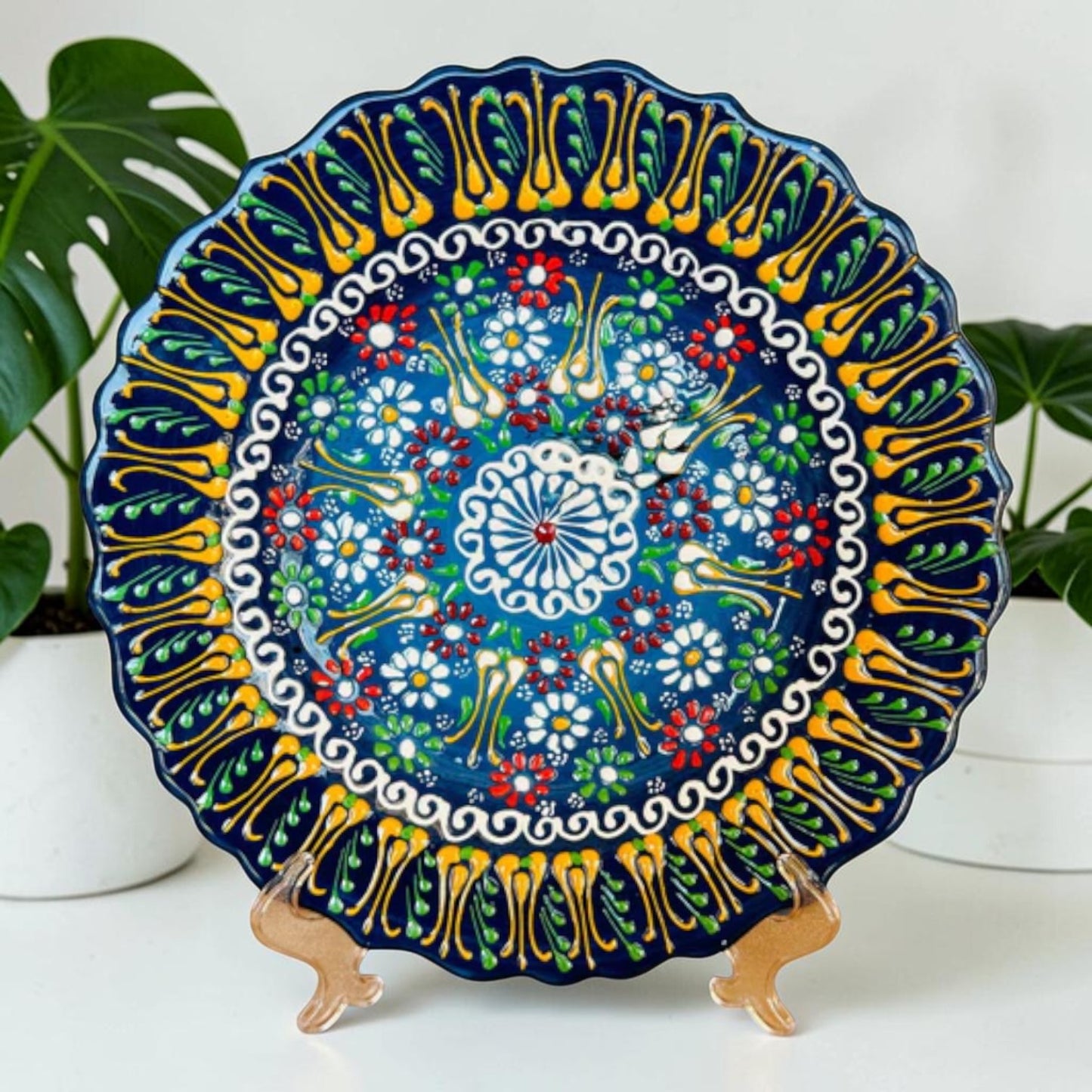 Handmade Turkish ceramic plate on stand, blue base with colorful tulip and dot floral art