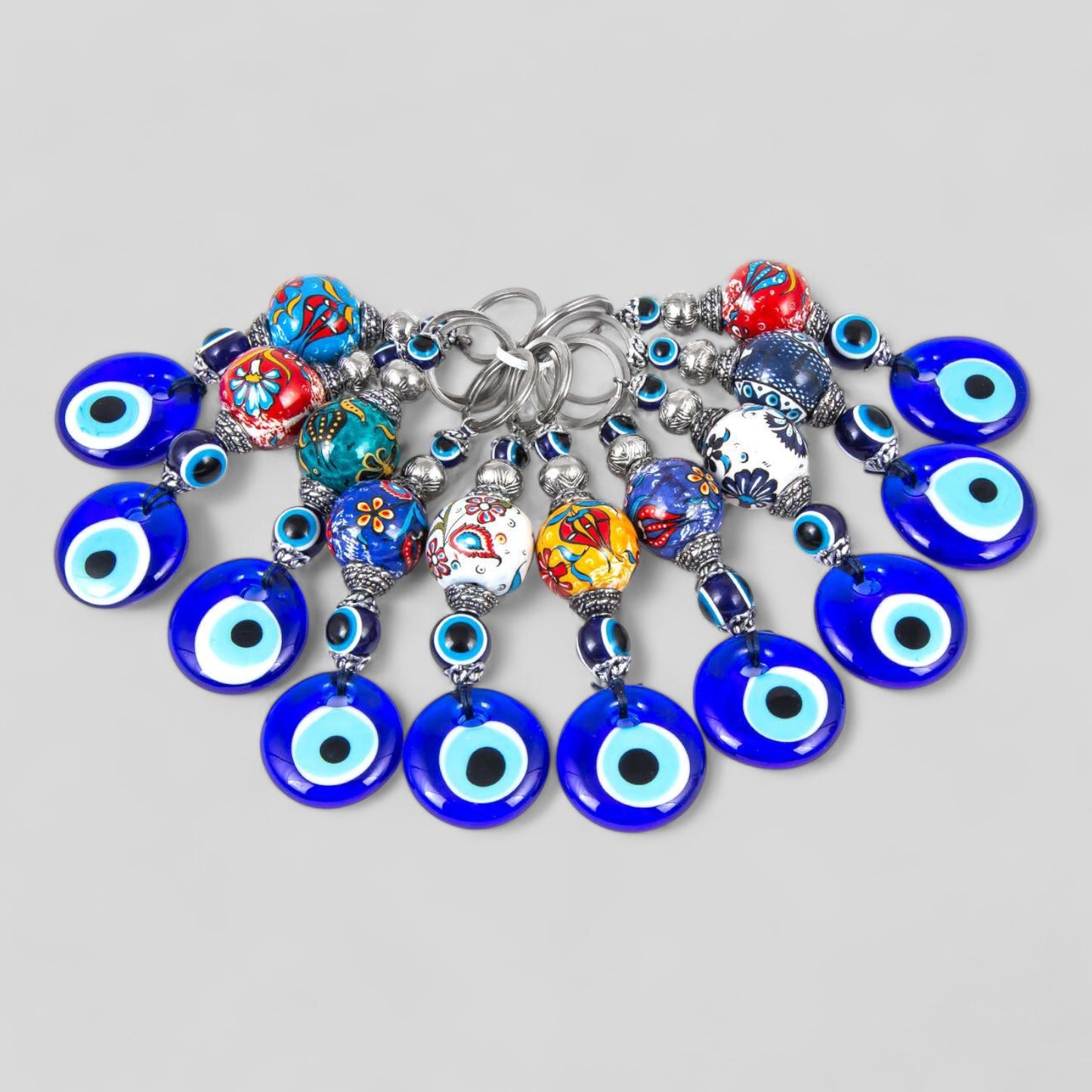 10-pack evil eye keychain set with blue glass beads and silver-tone metal rings