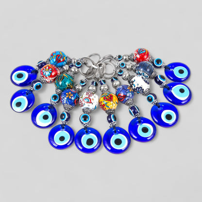 10-pack evil eye keychain set with blue glass beads and silver-tone metal rings