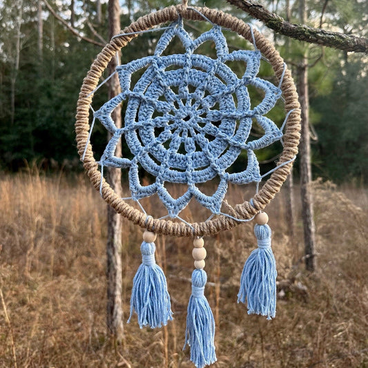 Light blue macrame dreamcatcher with circular hoop, woven web, and dangling tassels
