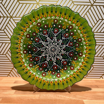 12” Turkish Ceramic Handmade & Painted Plate - Bright Green Dot Art Floral Tulip Patterned - Wall Hanging or Stand Use - Guzel Handcrafts
