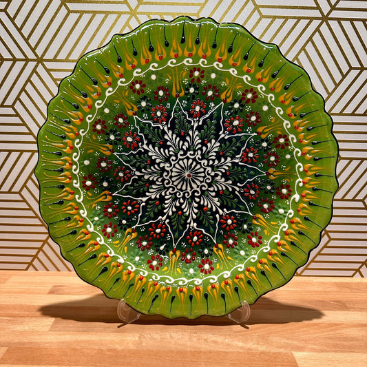 12” Turkish Ceramic Handmade & Painted Plate - Bright Green Dot Art Floral Tulip Patterned - Wall Hanging or Stand Use - Guzel Handcrafts