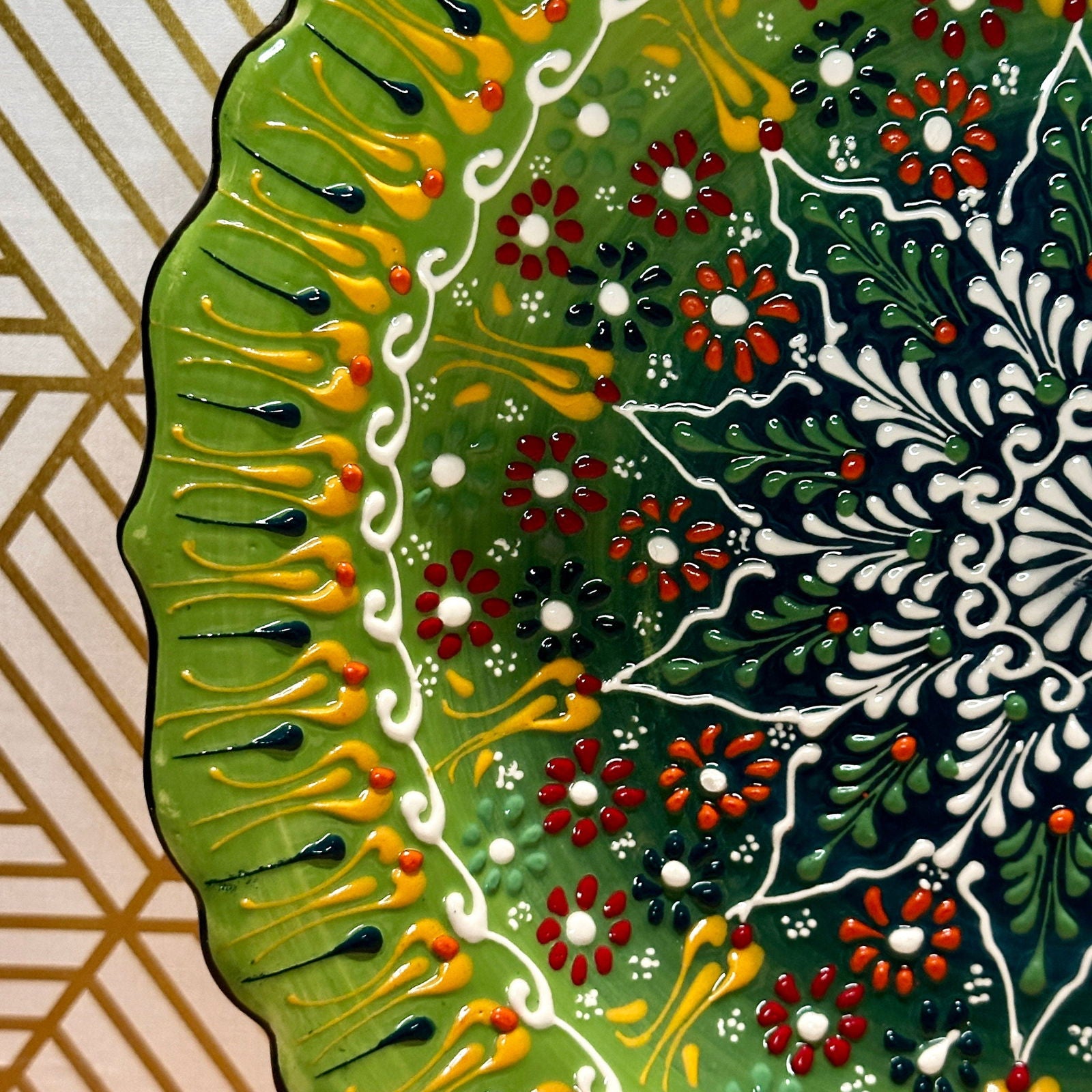 12” Turkish Ceramic Handmade & Painted Plate - Bright Green Dot Art Floral Tulip Patterned - Wall Hanging or Stand Use - Guzel Handcrafts