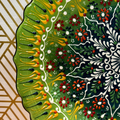 12” Turkish Ceramic Handmade & Painted Plate - Bright Green Dot Art Floral Tulip Patterned - Wall Hanging or Stand Use - Guzel Handcrafts