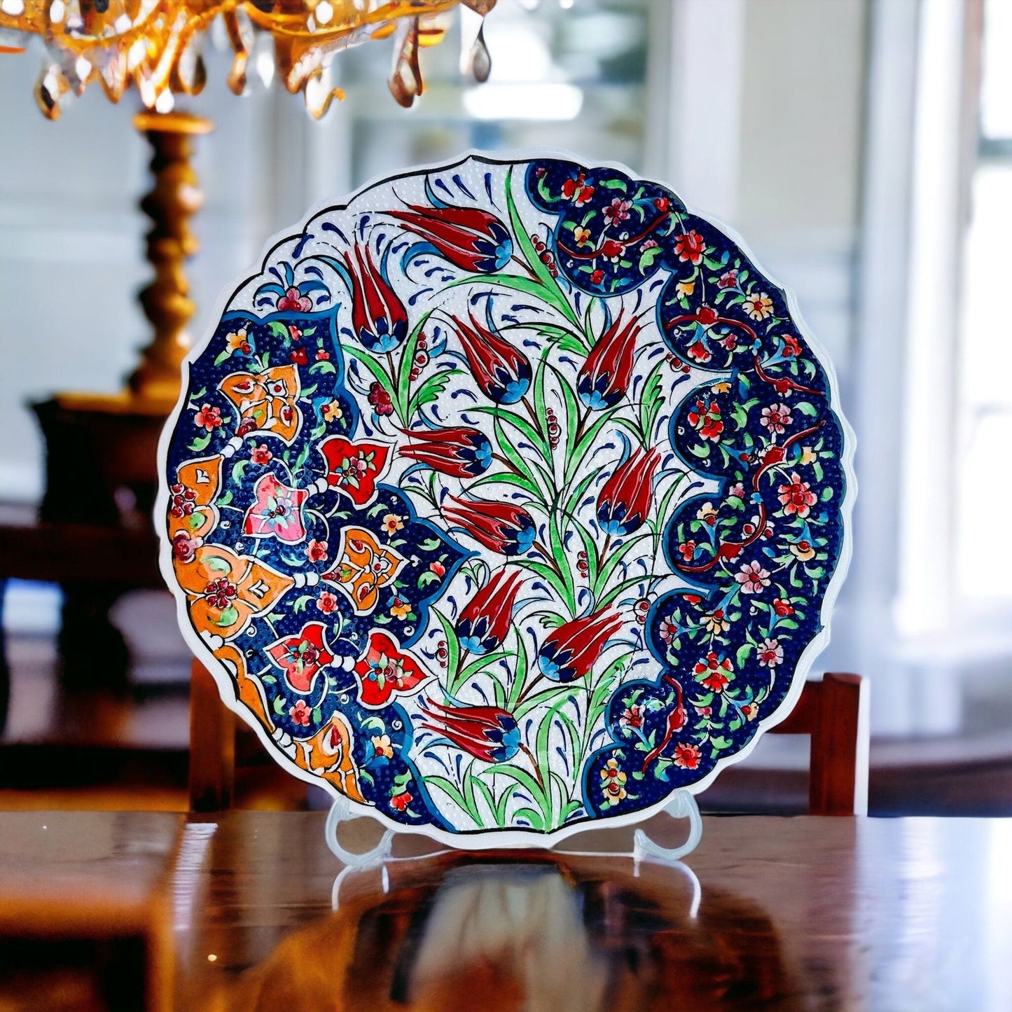 12” Turkish Ceramic Handmade Plate - Ottoman Tulip Floral Patterned - Stand Included - Guzel Handcrafts