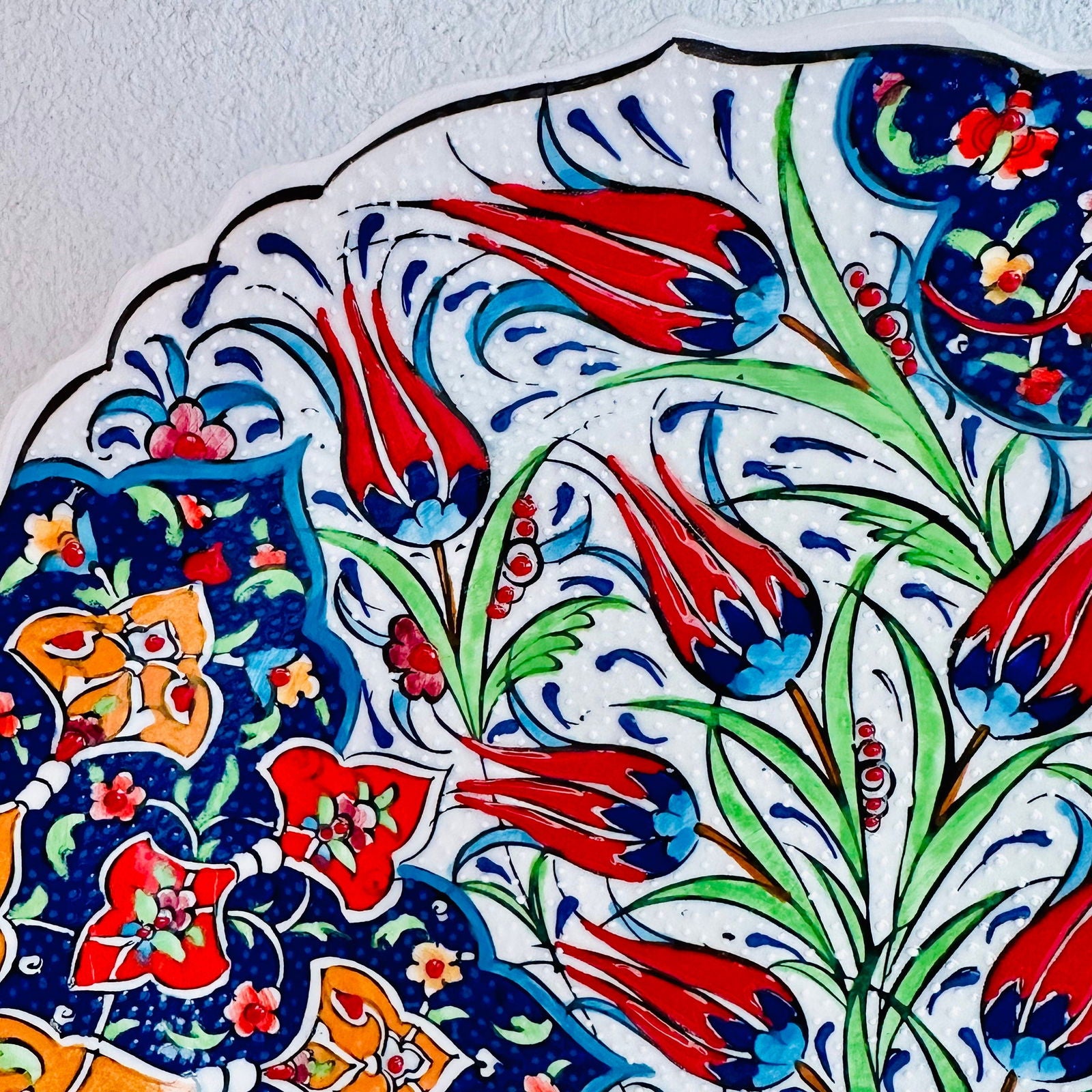 12” Turkish Ceramic Handmade Plate - Ottoman Tulip Floral Patterned - Stand Included - Guzel Handcrafts