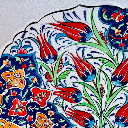 12” Turkish Ceramic Handmade Plate - Ottoman Tulip Floral Patterned - Stand Included - Guzel Handcrafts