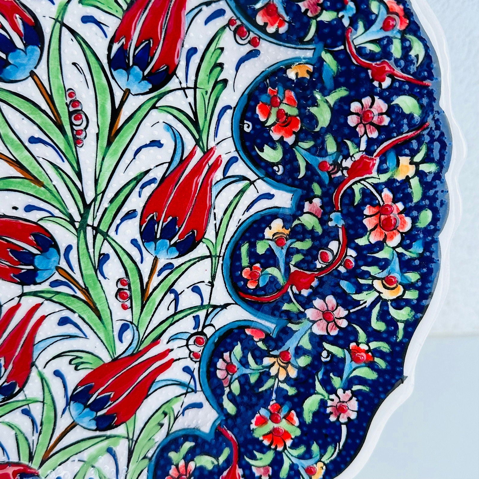 12” Turkish Ceramic Handmade Plate - Ottoman Tulip Floral Patterned - Stand Included - Guzel Handcrafts