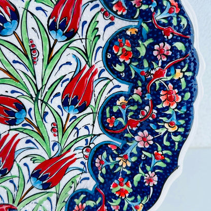 12” Turkish Ceramic Handmade Plate - Ottoman Tulip Floral Patterned - Stand Included - Guzel Handcrafts