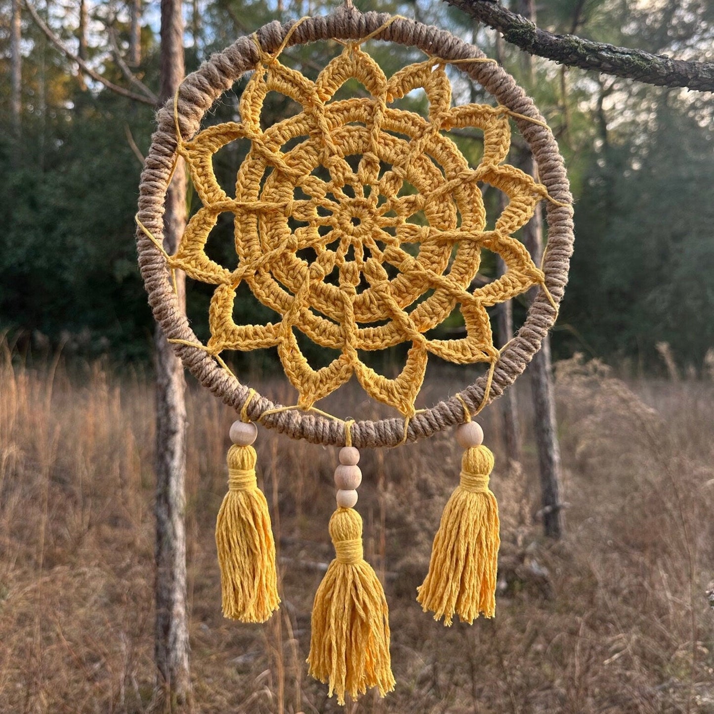 12" Handmade Boho Style Macrame Dreamcatcher - Nursery and Kid's Room Decor -- Golden Yellow - Guzel Handcrafts - #tag1# - #tag2# - #tag3# - #tag4#