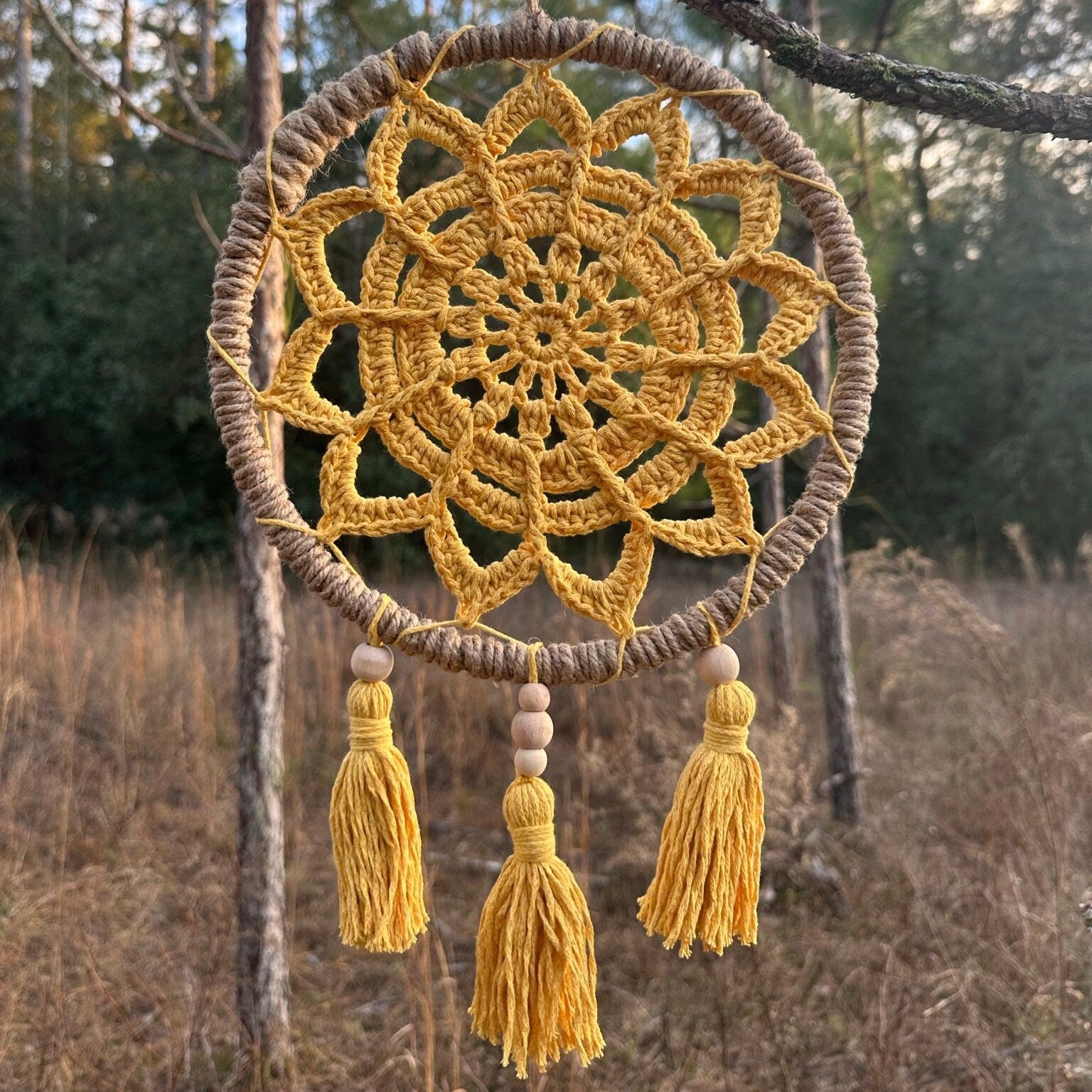 12" Handmade Boho Style Macrame Dreamcatcher - Nursery and Kid's Room Decor -- Golden Yellow - Guzel Handcrafts - #tag1# - #tag2# - #tag3# - #tag4#