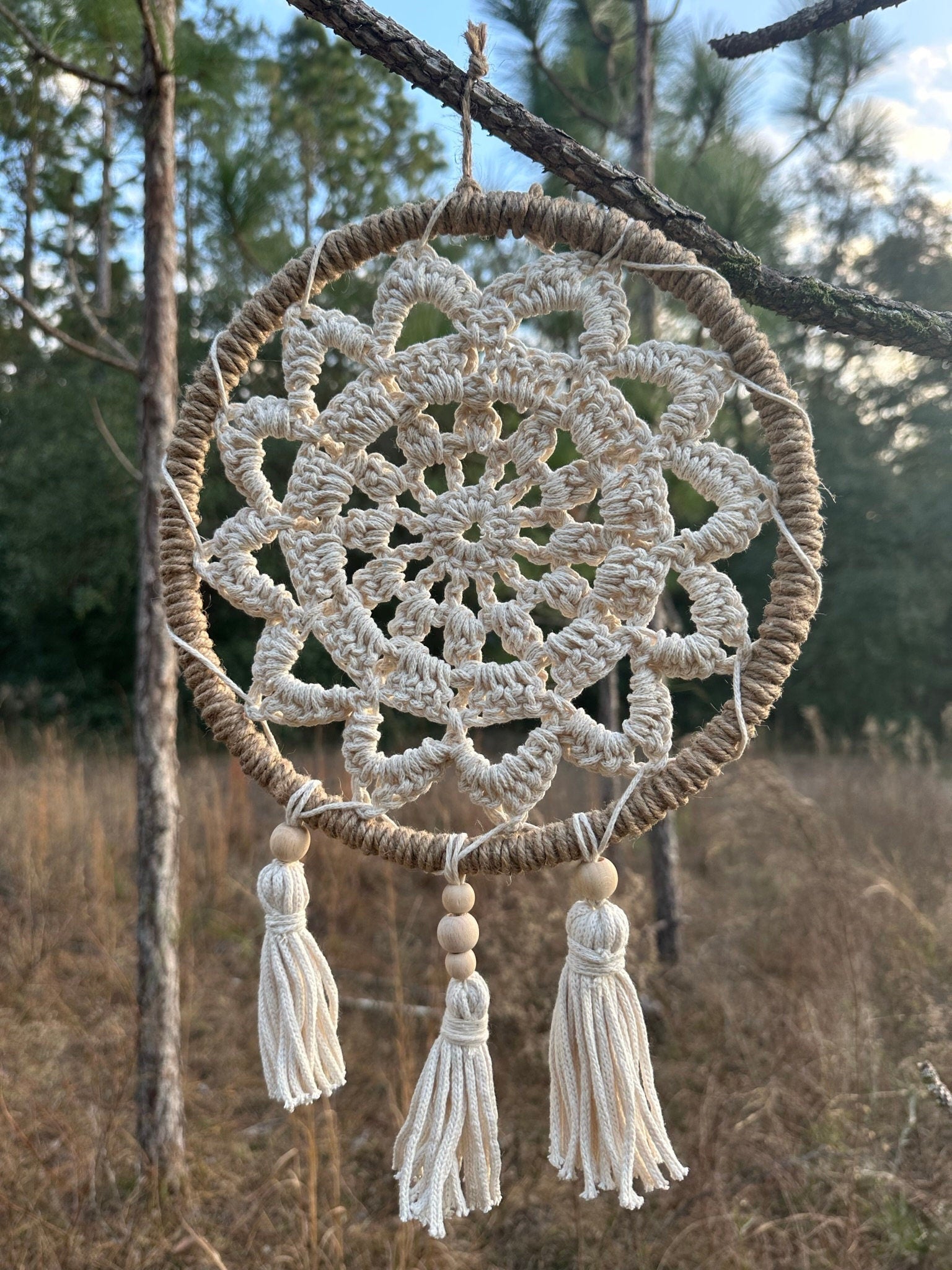 12" Handmade Boho Style Macrame Dreamcatcher - Nursery and Kid's Room Decor -- Off White / Tan / Cream - Guzel Handcrafts - #tag1# - #tag2# - #tag3# - #tag4#