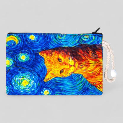 Van Gough Starry Night Inspired Fabric Colorful Cat Art Design Zipper Clutch Purse, Pencil Bag, Purse, Wallet, Small Storage, Cat Mom Quirky