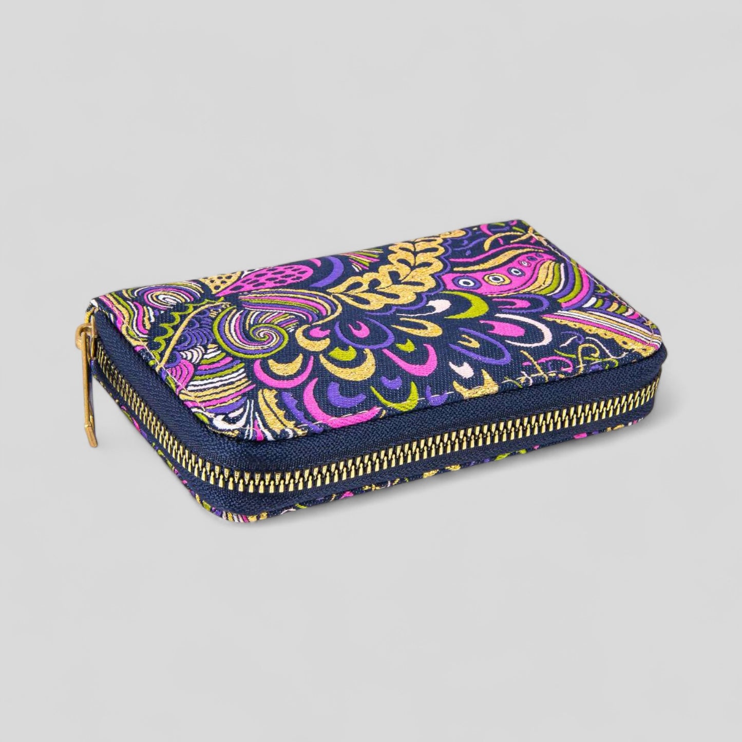Vibrant Purple Geometric Patterned Woven Zipper Wallet with Gold Accents