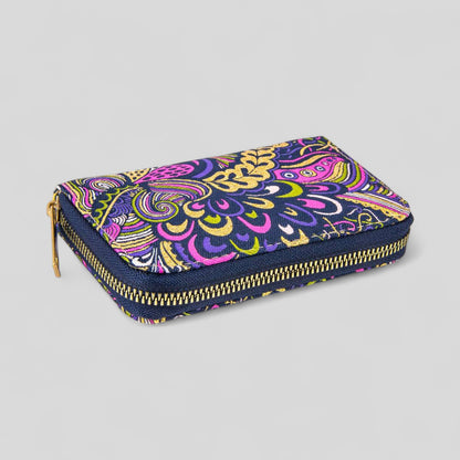 Vibrant Purple Geometric Patterned Woven Zipper Wallet with Gold Accents