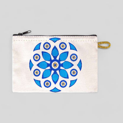 Cream Mandala Evil Eye Patterned Woven Zipper Coin Purse