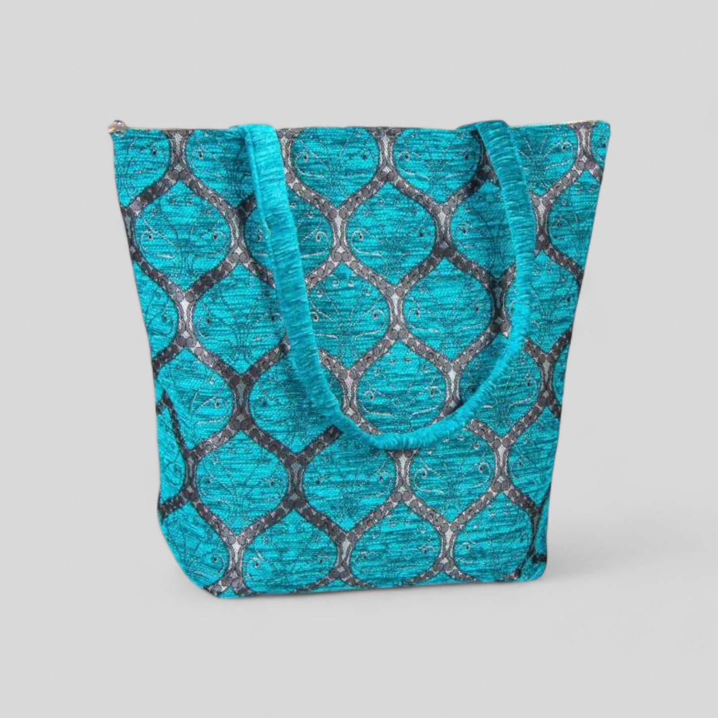 Authentique Kilim Fabric Ottoman Tulips Design Purse avec poignées, tapis turc, sac de plage, fourre-tout, sac à provisions réutilisable - Turquoise/Or