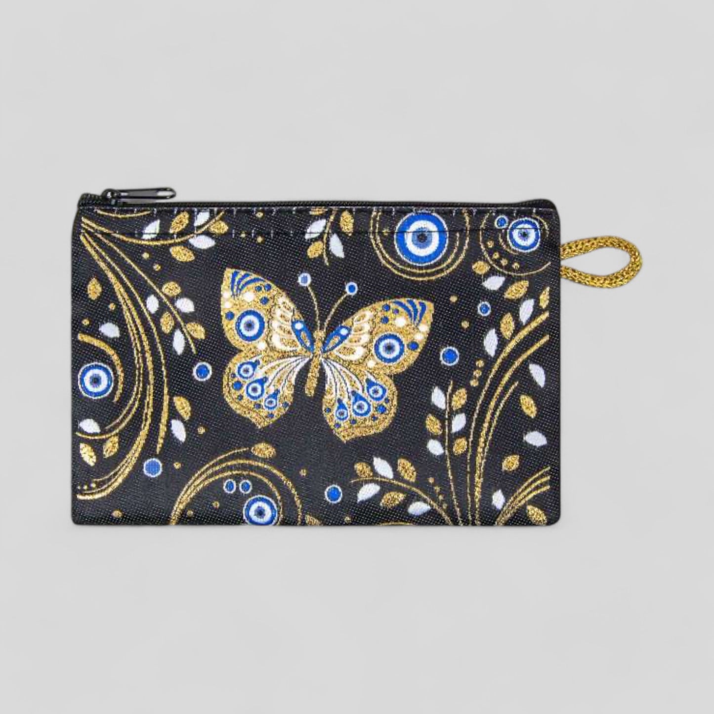 Black Golden Butterfly & Evil Eye Patterned Woven Zipper Coin Purse