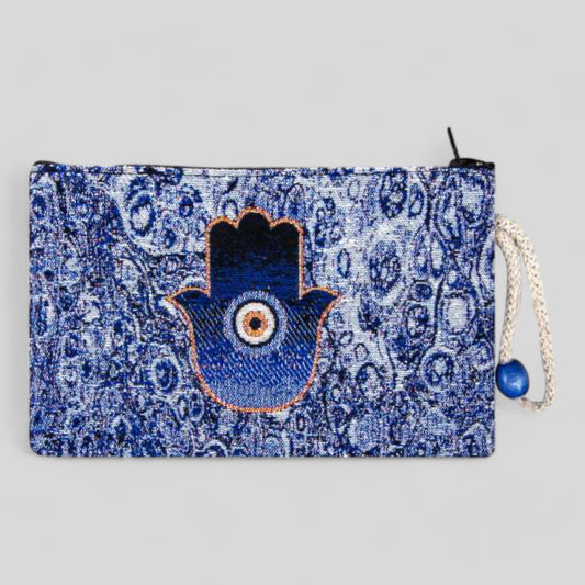 Authentic Kilim Fabric Ottoman Blue Evil Eye Design Zipper Clutch Purse, Turkish Carpet, Pouch, Coin Purse, Wallet, Small Storage - Hamsa Hand