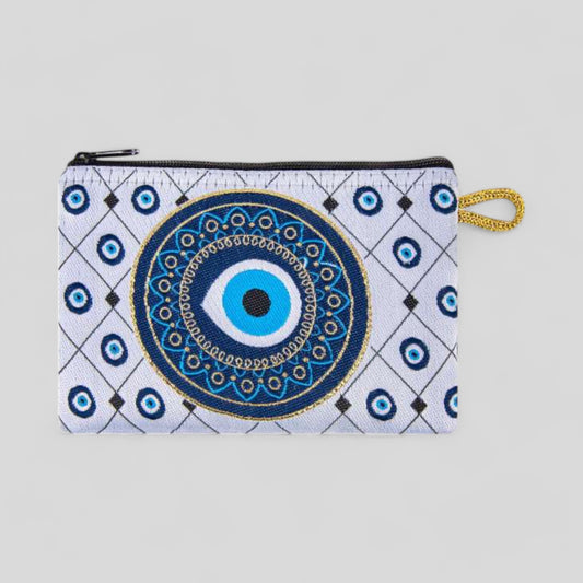 White Evil Eye Patterned Woven Zipper Coin Purse