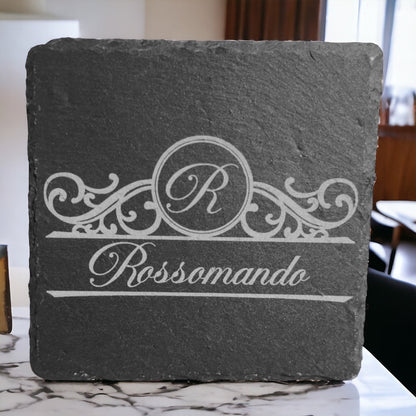 Slate coaster with engraved Rossomando logo